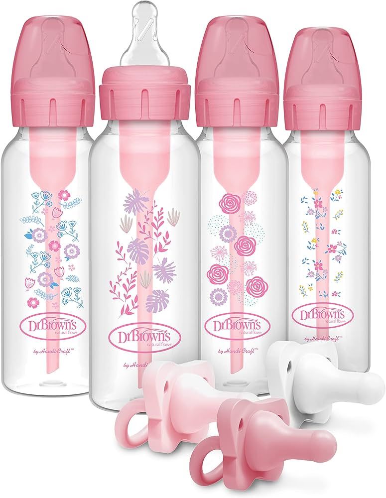 Dr. Brown’s Anti-Colic Options+ Baby Bottles, Narrow, Pink Floral Designs, 8oz, 4 Pack and Happ... | Amazon (US)