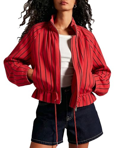 Womens Stripe Bomber Jacket Long Lantern Sleeve Lapel Drawstring Waist Zip Casual Ruffle Hem Shac... | Amazon (US)