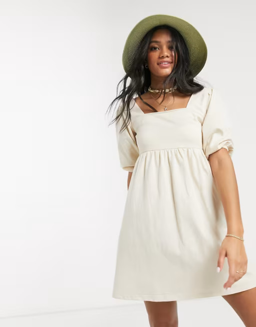 ASOS DESIGN square neck puff sleeve smock dress in cream | ASOS (Global)