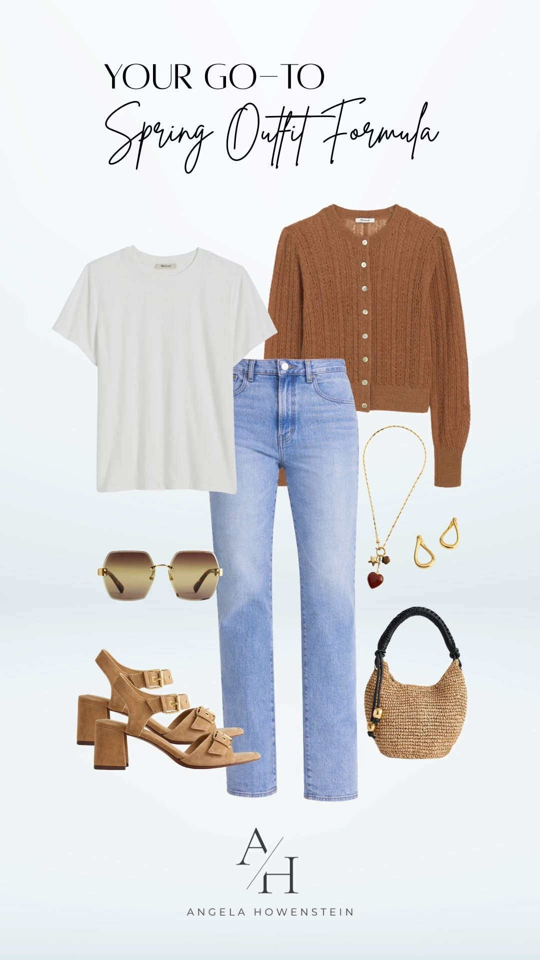 Spring outfit formula with white tee, jeans, and brown cardigan.

#LTKOver40 #LTKootd