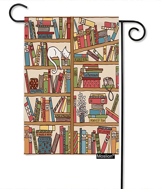 Moslion Book Garden Flag 12.5x18 Inch Cartoon Bookshelf with Cute Sleeping Cat Kitten in Library ... | Amazon (US)