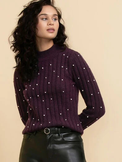 Wool-Blend Mock Neck Pearl Sweater | Ricki's