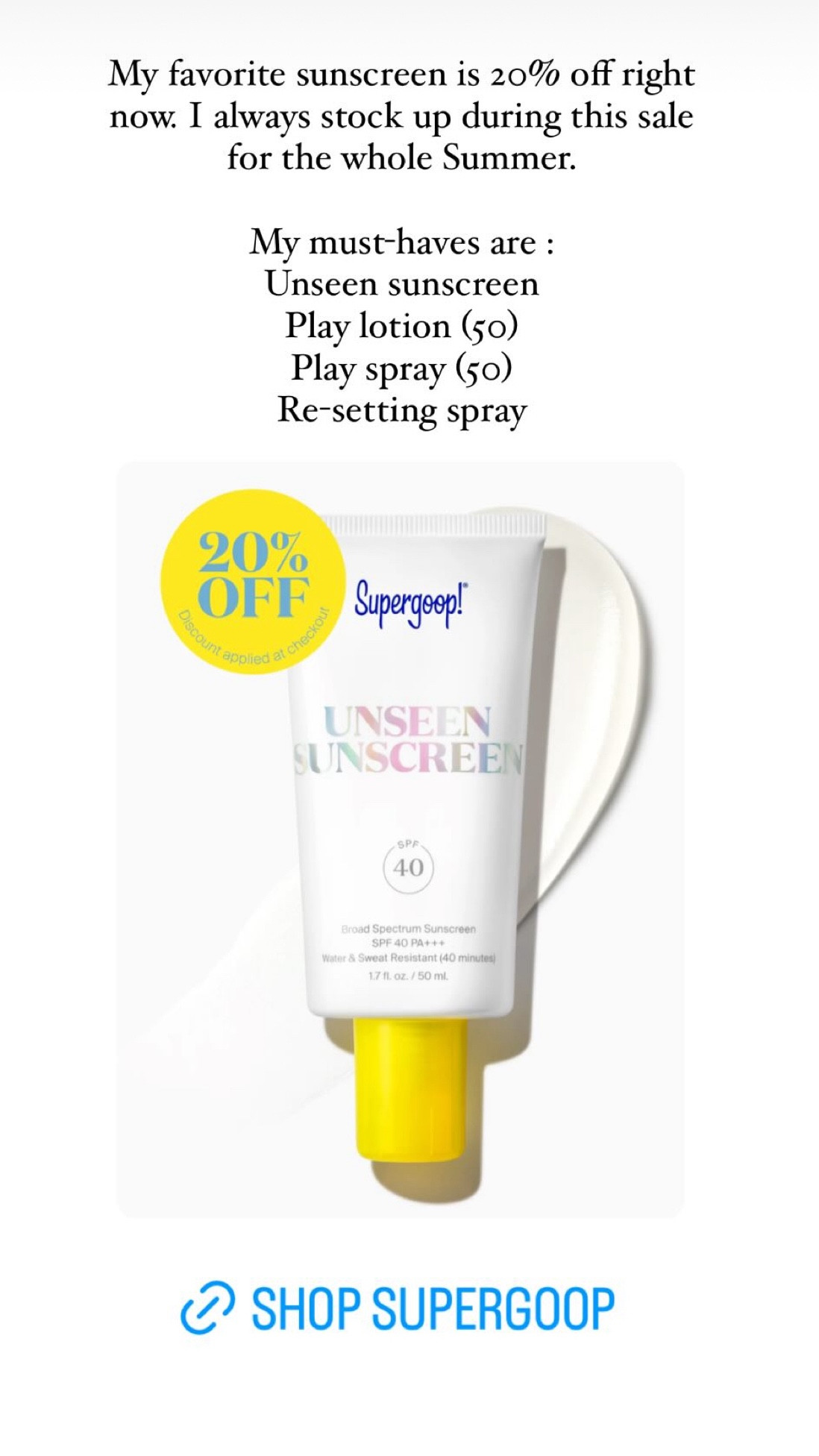 The best sunscreen- light, not greasy at all and doesn’t leave any white film. I stock up this weekend for the whole Summer 

#LTKFindsUnder50 #LTKSaleAlert #LTKSeasonal