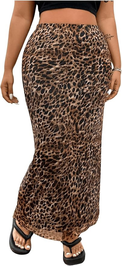 Floerns Women's Plus Size Leopard Print Mesh High Waisted Maxi Skirts | Amazon (US)