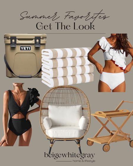 Summer favorites! These super cute bathing suites are at the top of my list! And the towels are also super cute for a neutral Home. Loving the egg chairs and outdoor bar cart. Don’t forget the yeti cooler for your trips to the beach this summer. 

#LTKSeasonal #LTKsalealert #LTKhome
