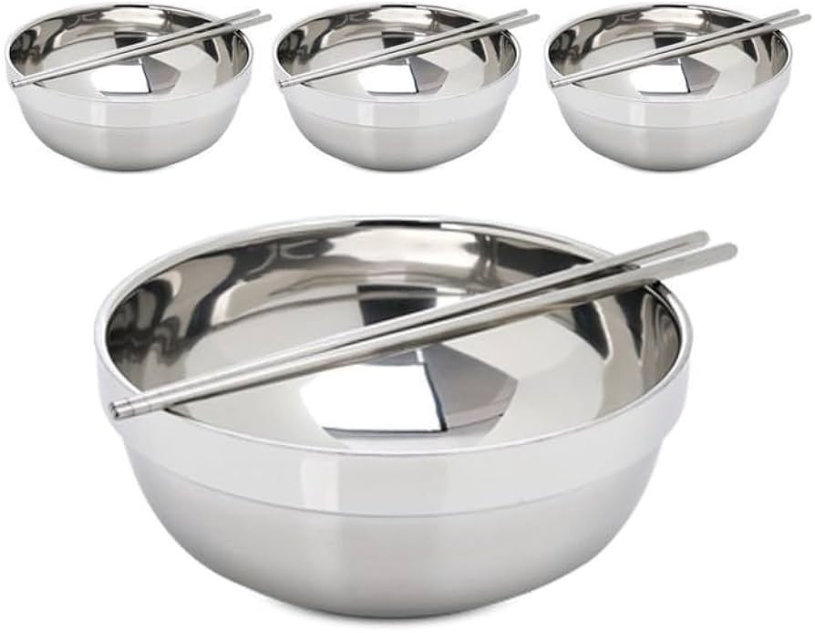 4 Pack 40 Oz Stainless Steel bowl set with chopsticks, Metal Double=walled Insulated noodle bowl,... | Amazon (US)