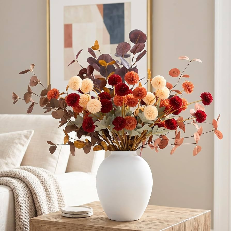 12 Real Touch Faux Mums & Eucalyptus Stems for Dining Table, Artificial Fall Flowers in Vase Than... | Amazon (US)