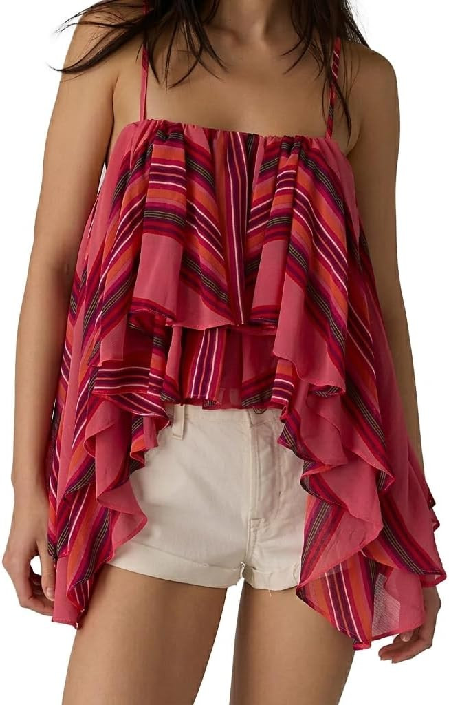 Women Boho Striped Ruffled Cami Top Layered Spaghetti Strap Babydoll Tank Sleeveless Printed Cami... | Amazon (US)