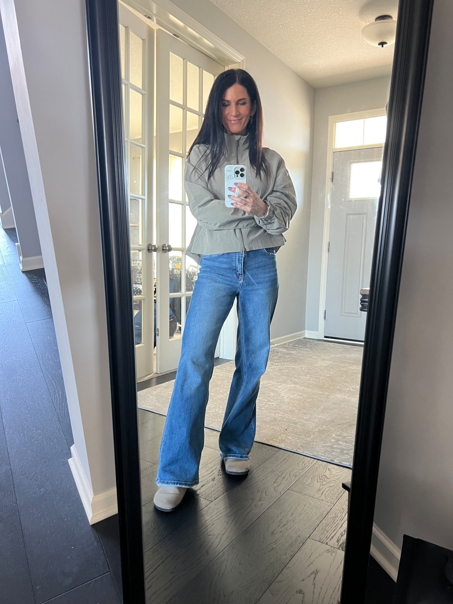 It makes me so happy that it’s warm enough for a light jacket! This one has so many cute details - funnel neck, adjustable waist, a little longer in the back and a fabulous neutral color. It’s sporty enough to throw on with leggings but cute enough to wear with jeans and mules like I did today! This the grey but it come in black, pale blue, ivory and even a bright orange. Love it and it’s on crazy sale right now. 🤩

#LTKActive #LTKover40 #LTKstyletip