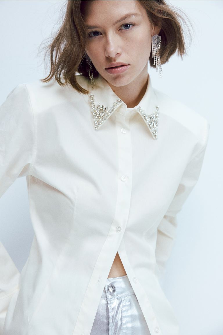 Embellished Poplin Shirt - Cream - Ladies | H&M US | H&M (US + CA)