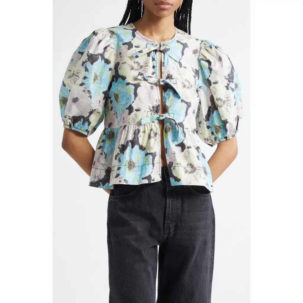 Ganni Print Puff Sleeve Peplum Organic Cotton Top in White Multicolor at Nordstrom, Size 0 Us | Nordstrom
