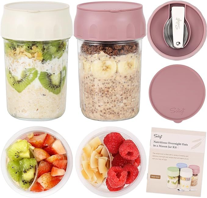 SOLIGT 2 Pack Overnight Oats Containers with Lids, Folding Spoons and Divided Compartments for Fr... | Amazon (US)