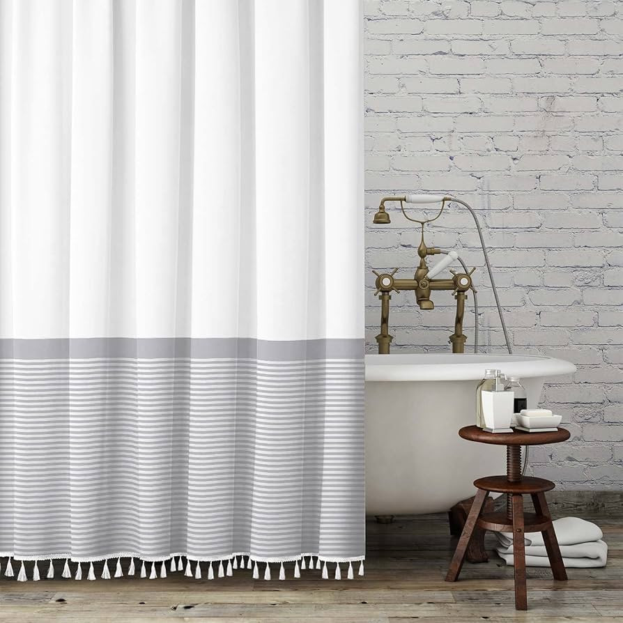 Seasonwood Shower Curtain White Modern Farmhoouse Shower Curtain with Tassels,Gray Striped Shower... | Amazon (US)