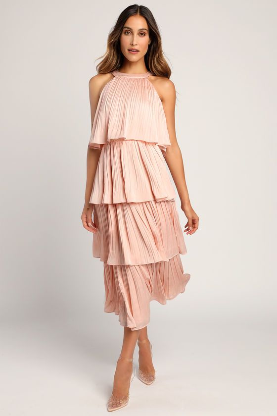 Tier and Far Blush Pink Tiered Pleated Halter Midi Dress | Lulus (US)
