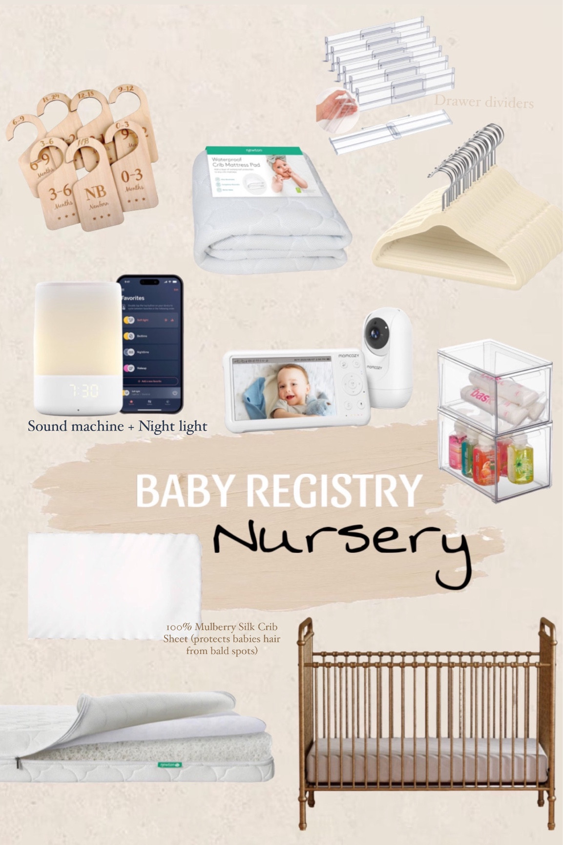 Baby registry must haves / nursery / baby room / monitor / white noise machine / sound machine / night light/ organizers / clear bins / drawers / drawer dividers / pottery barn kids gold crib / brass / silk crib sheets 

#LTKkids #LTKbaby #LTKbump