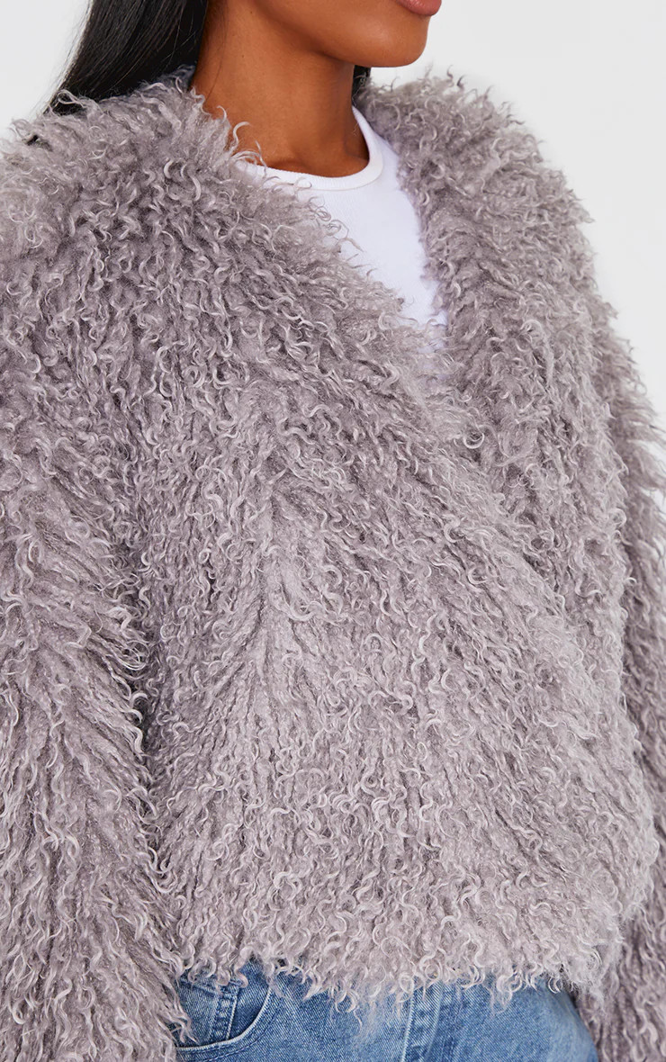 Grey Cropped Faux Fur Style Coat | Outerwear | PrettyLittleThing US