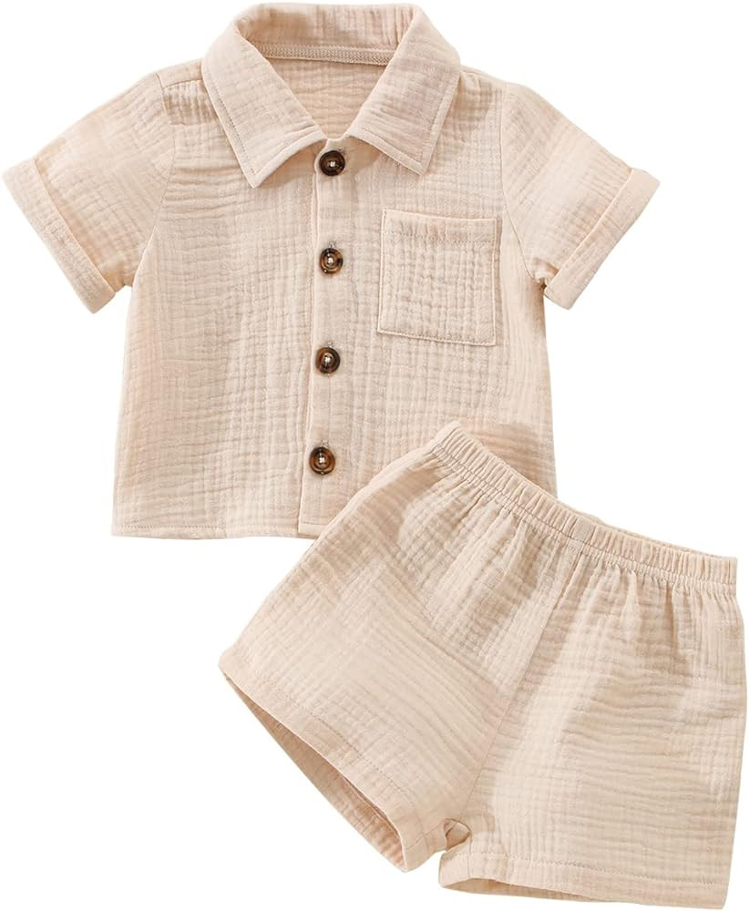 Baby Boys Clothes Set Toddler Infant Boys Button-down Shirt Tops + Cotton Gauze Shorts Summer Out... | Amazon (US)