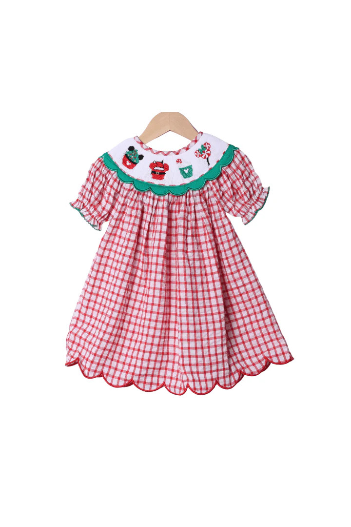Smocked Holiday Park Snacks Red Windowpane Scalloped Dress | The Smocked Flamingo