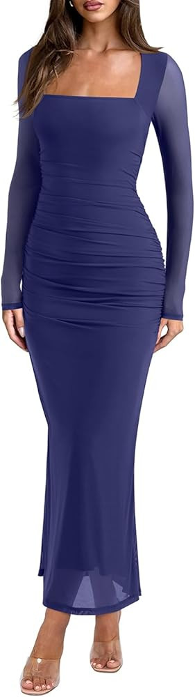 REORIA Long Sleeve Wedding Guest Maxi Dresses for Women Sheer Mesh Square Neck Ruched Bodycon Lon... | Amazon (US)