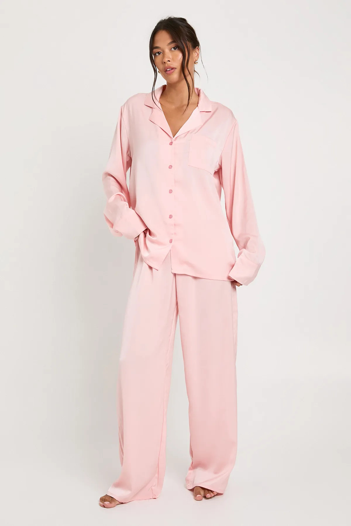 Oversized Satin Long Sleeve Shirt & Trousers Pyjama Set | boohoo (US & Canada)