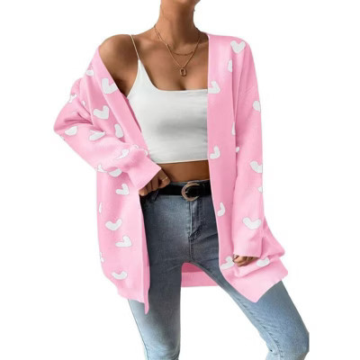 Coolmee Women's Fall Winter Long Sleeves Open Front Heart Print Knitted Sweater Cardigan Coat Outwear Pink S | Target