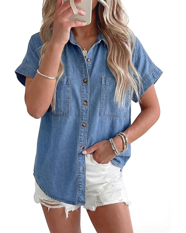 Sidefeel Women's Button Down Denim Shirt Collared Short Sleeve Jean Shirt Blouse with Pockets | Amazon (US)