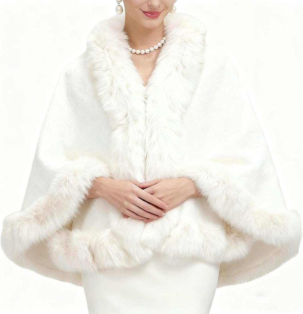 CHICWISH Women Regal Faux Fur Trimmed Poncho Fall Winter Casual Soft Chunky Batwing Sleeve Shawl ... | Amazon (US)