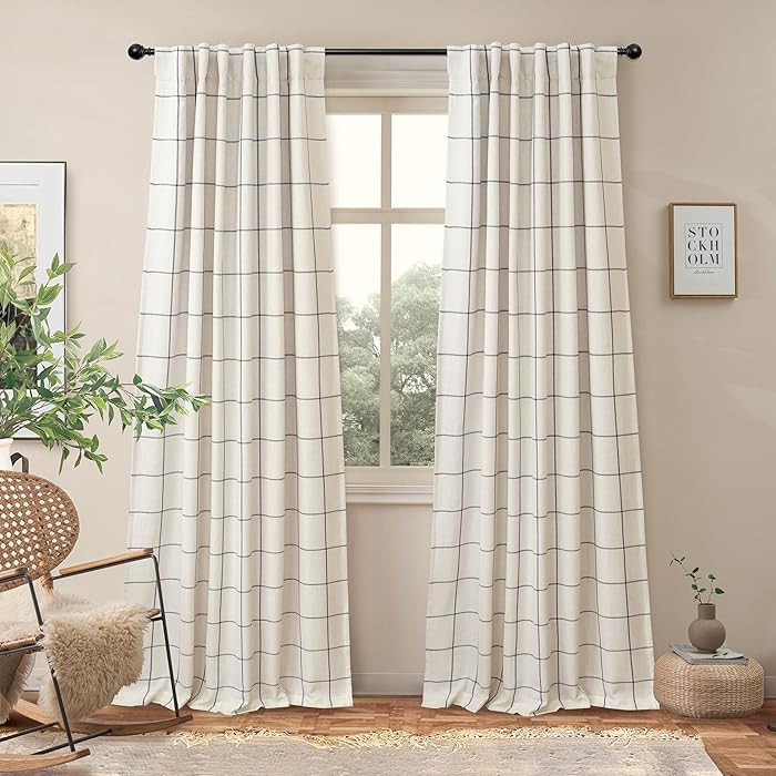 DriftAway 2 Panels 100% Blackout Windowpane Plaid Linen Curtains Double Layer Drapes for Bedroom ... | Amazon (US)