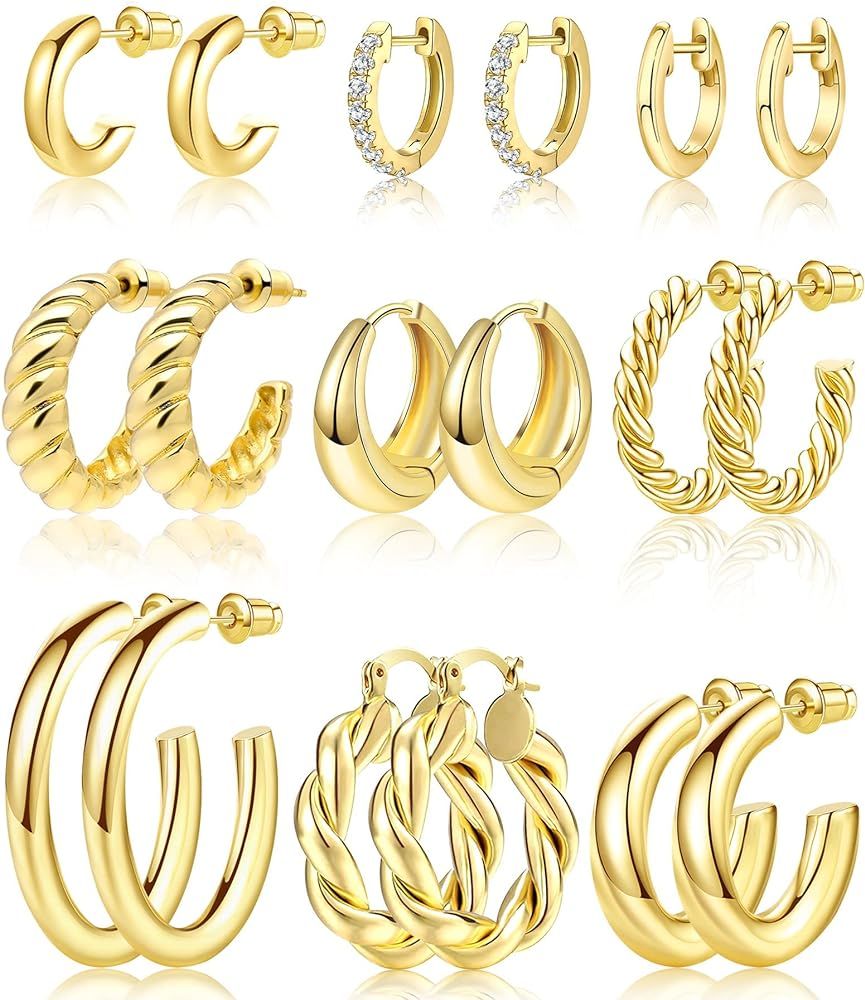 Adoyi 9 Pairs Gold Hoop Earrings Set for Women Gold Twisted Huggie Hoops Earrings 14K 18K Gold Pl... | Amazon (US)