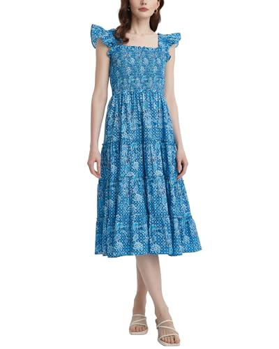 Women's Floral Smocked Midi Dress Square Neck Ruffle Strap Sleeveless Flowy A-Line Long Beach Sundress Blue | Amazon (US)