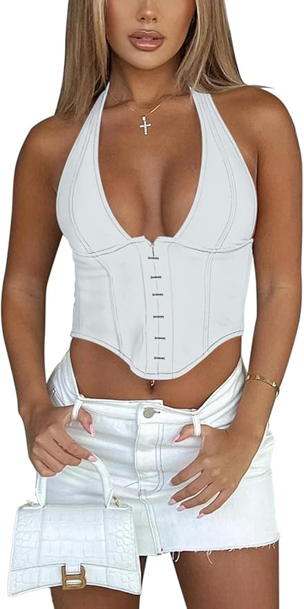 REORIA Women's Summer Sexy Halter V Neck Sleeveless Backless Trendy Y2k Going Out Corset Tank Cro... | Amazon (US)