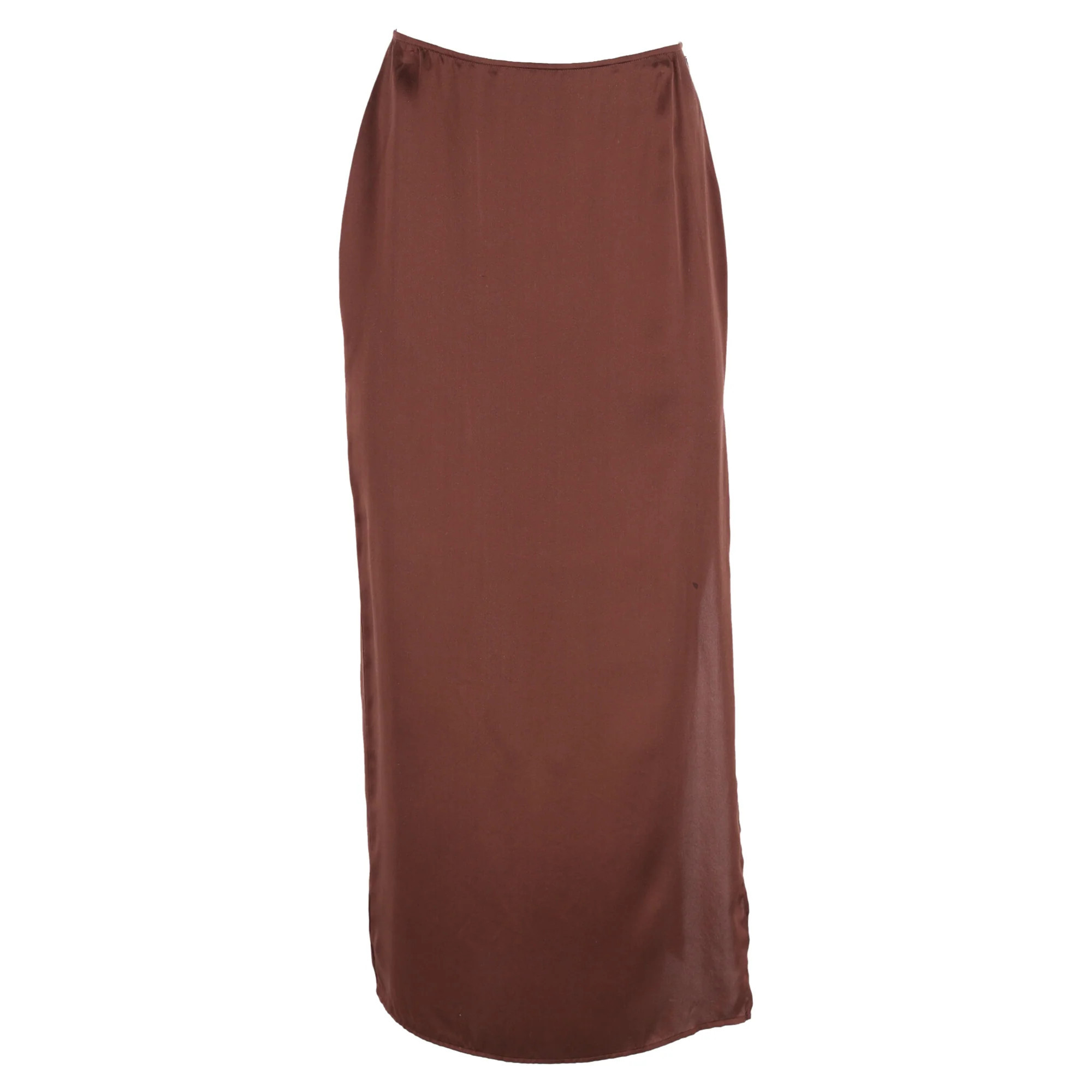 Reformation Midi Skirt w/ Side Slit in Brown Silk | Shop Simon