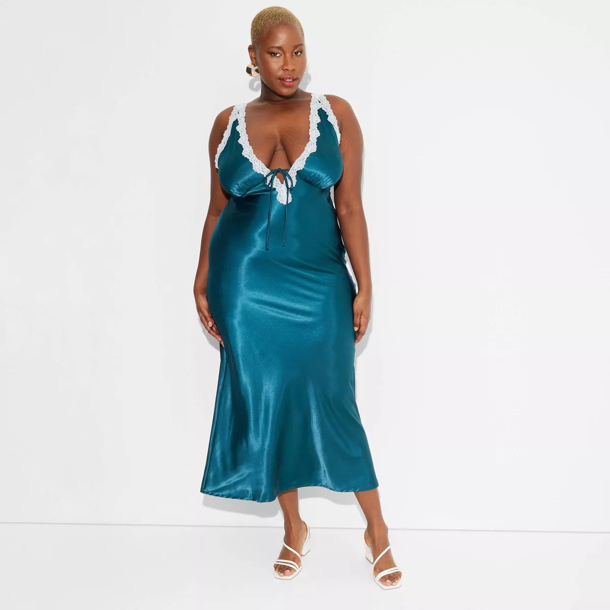 Women's Satin Lace Trim Midi Slip Dress - Wild Fable™ Dark Turquoise XXL | Target