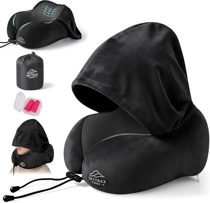 SkytraxComf\u00ae Travel Neck Pillow with Hood for Privacy on Long Flights | Amazon (US)