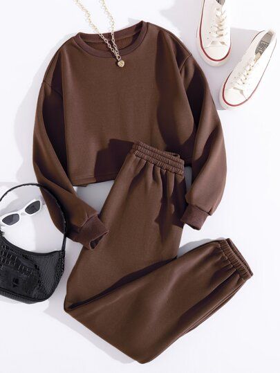 HomeWomen ClothingWomen Co-ordsWomen Two-piece OutfitsThermal Lined Solid Sweatshirt With Sweatpa... | SHEIN