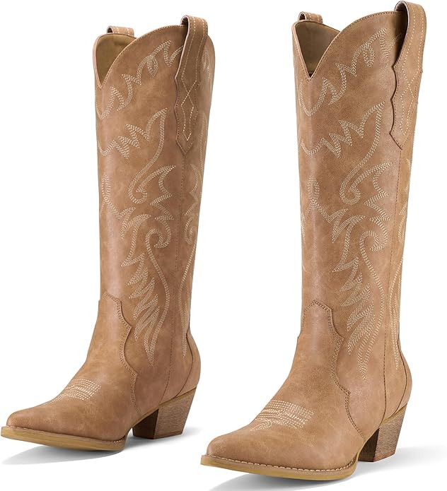 Rollda Cowboy Boots for Women Cowgirl Boots Embroidered Knee-High Western Boots Pointy Toe with C... | Amazon (US)