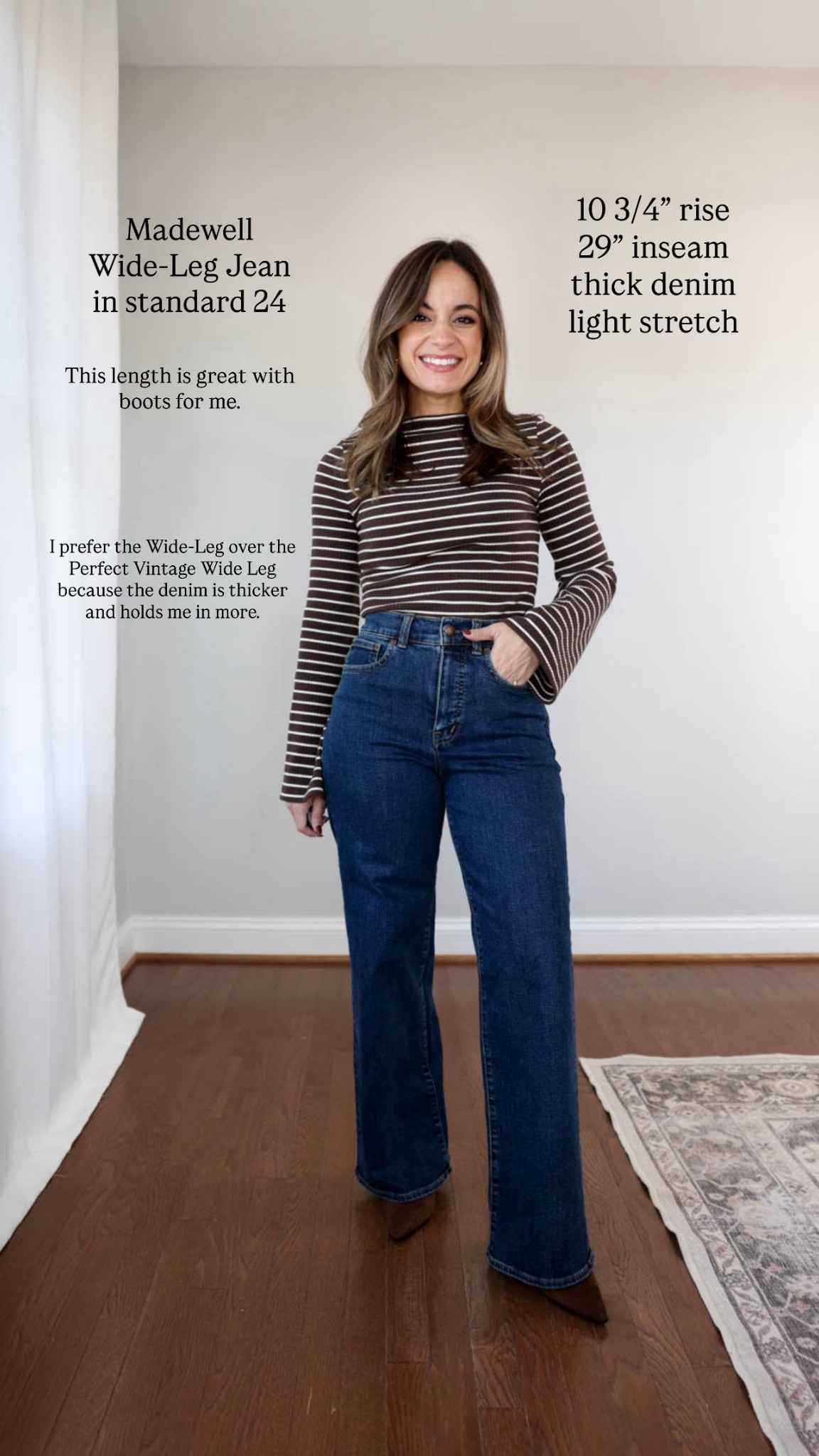 Three styles of Madewell jeans I love! 

The Wide Leg Jean: 24 standard | 10 3/4” rise, 29” inseam - true to size. The standard length works well for me with heeled boots. The denim is thick and holds you in with a little bit of comfortable stretch built in. 
Top (LOFT): petite xxs 
Boots (J.Crew): tts 

My measurements for reference: I’m 4’10” and 105lbs. My bust, waist, and hip measurement is 32”, 24”, and 36”.

#LTKPetite