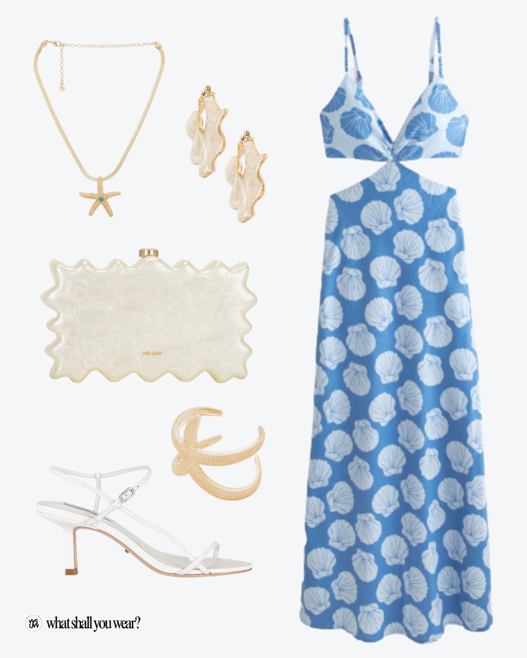 Coastal outfit idea, night out outfit idea, date night outfit idea, east coast summer outfit, summer dinner outfit, kitten heels, white heels, strappy heels, starfish bracelet, starfish necklace, maxi dress, date night dress, cutout dress, shell print dress, coastal dress, pearl clutch, shell earrings 

 #LTKSummerEdit #LTKShoeCrush #LTKItBag