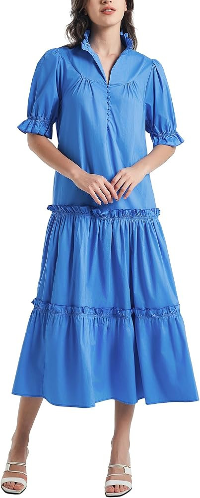 D-Sun Women Casual Button Down Maxi Dress Short Puff Sleeves Stand Collar Tiered Elegant Flowy Swing Long Dress with Tie | Amazon (US)