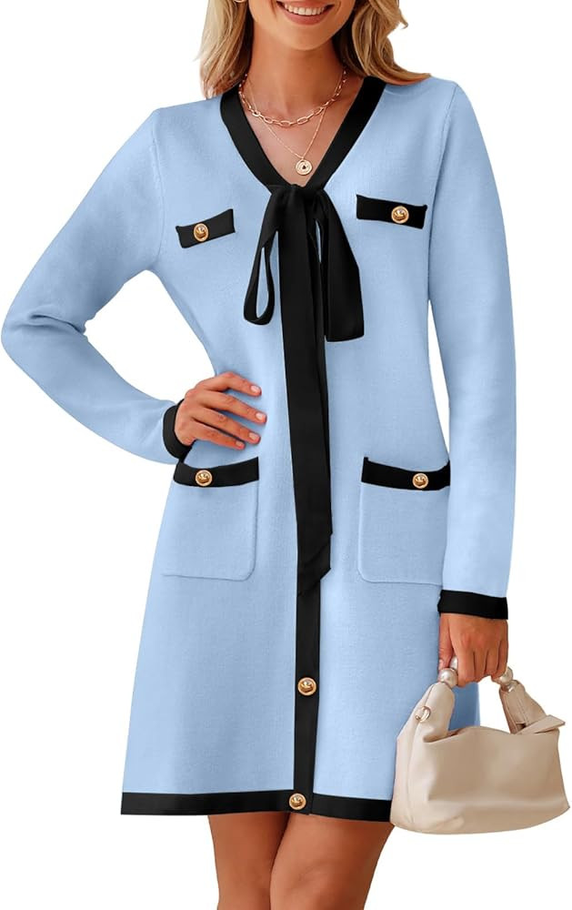 MEROKEETY Women Long Sleeve Color Block Sweater Dress Button Bow Tie Elegant Formal Work Mini Dre... | Amazon (US)