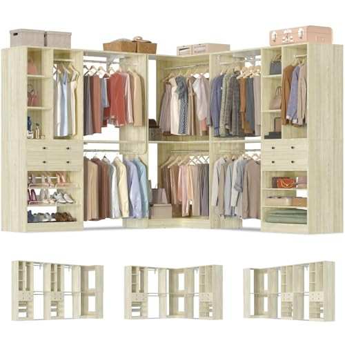 Large Closet System (Set of 3) with 4 Drawers, 8 Hanging Robs, 91.5"/151" Closet Organizer System with Corner Tower, Reversible Walk-in Closet System Corner Closet System, Greige Oak | Amazon (US)