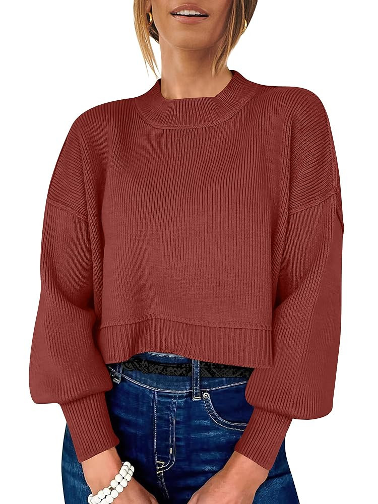 ANRABESS Womens Cropped Sweaters Oversized Crewneck Long Batwing Sleeve Side Slit Ribbed Knit Pul... | Amazon (US)