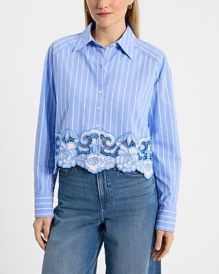 Embroidered Lace Striped Cropped Boyfriend Portofino Shirt | Express