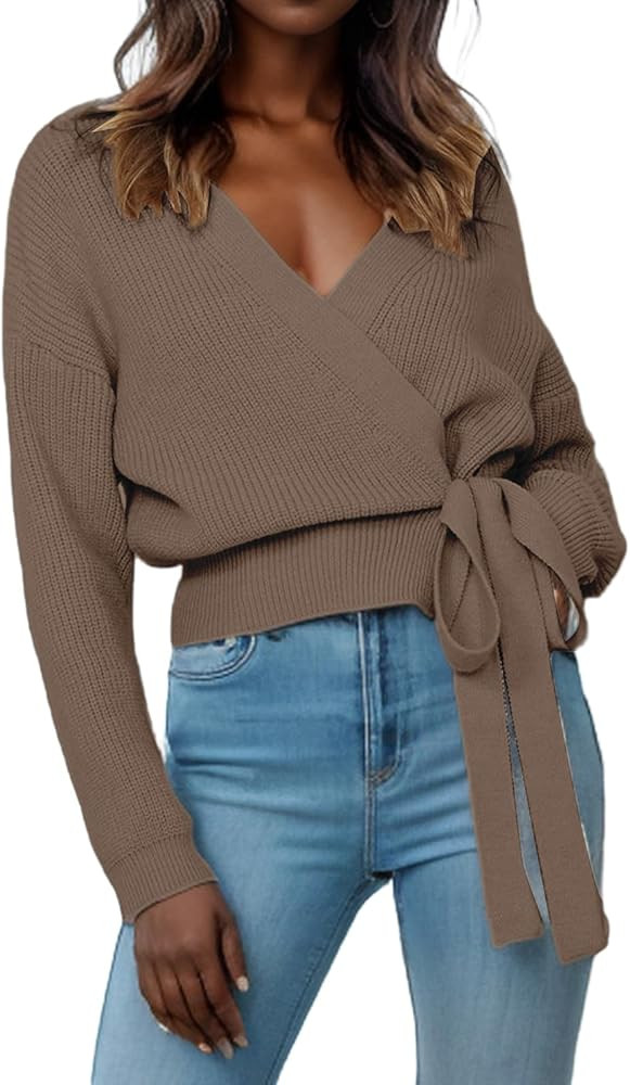 Women's Casual V Neck Wrap Sweater Pullovers Lightweight Ribbed Drop Shoulder Knitted Tops | Amazon (US)