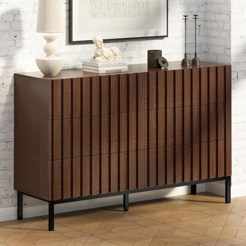 UEV Mid Century Modern Dresser,Walnut Dresser for Bedroom,Brown Chest of Drawers for Bedroom,Fluted 6 Drawer Dresser with Metal Stand,for Living Room,Hallway etc.(Dark Brown) | Amazon (US)