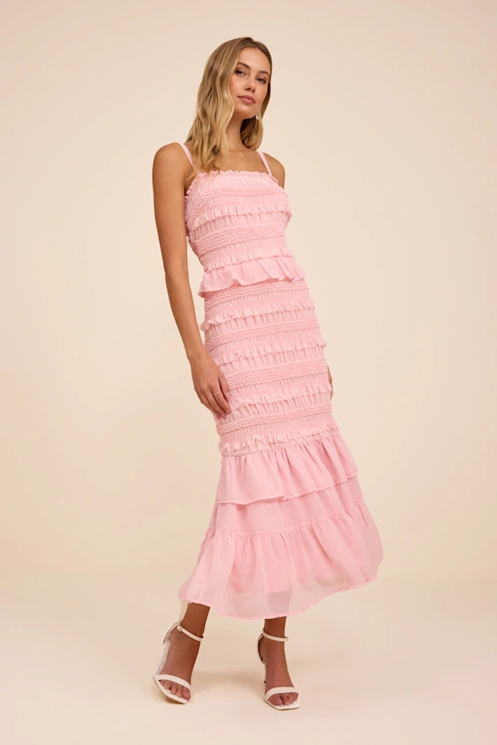 Harley Light Pink Smocked Ruffled Midi Dress | Lulus