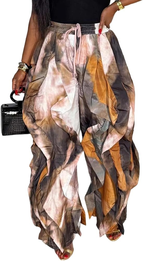 LETSVDO Women's Baggy Ruffle Fringe Pants Drawstring Elastic Waist Barrel Lantern Parachute Wide ... | Amazon (US)