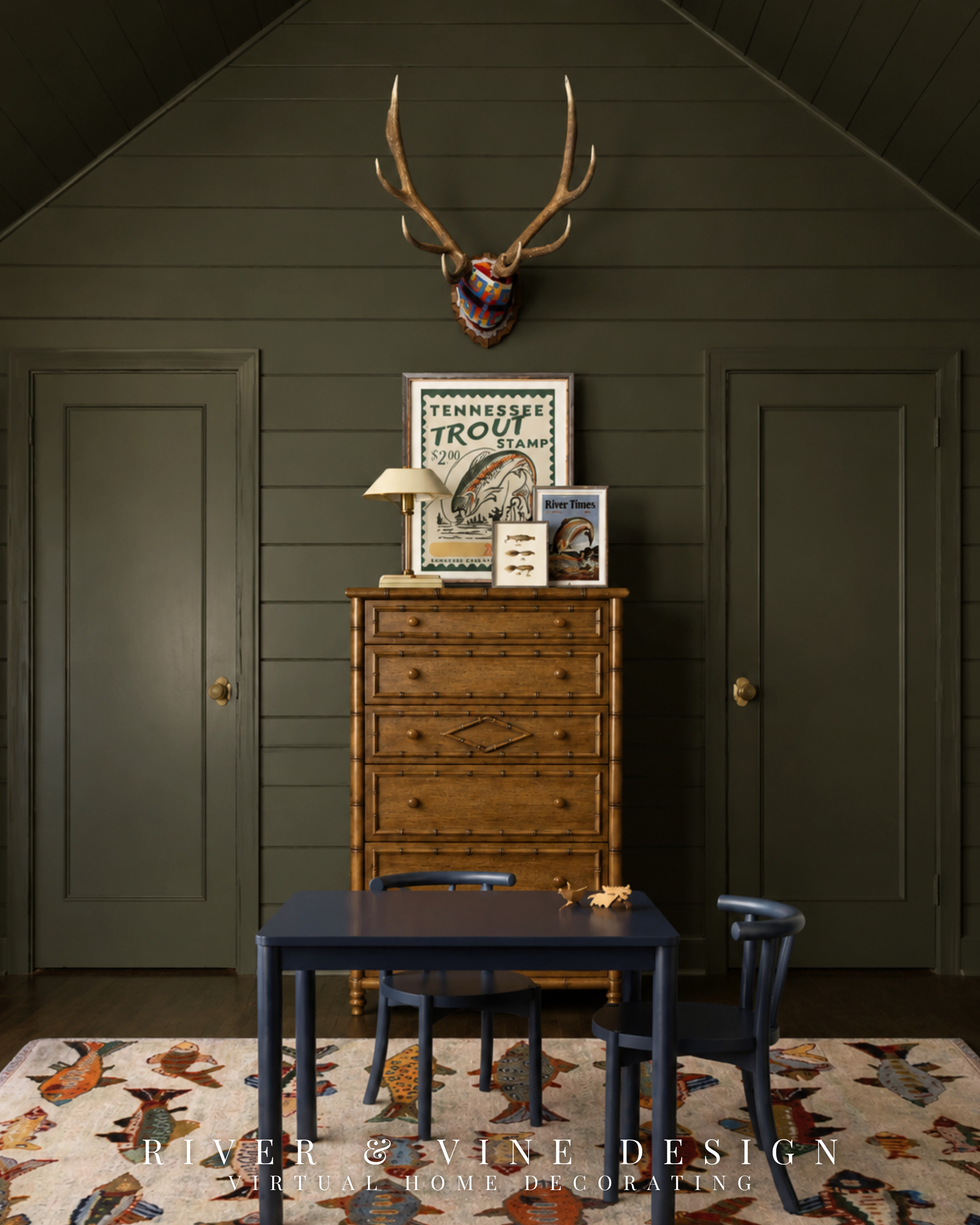 The beds look cute…but what are you supposed to do with the rest of the room?

The opposite wall is where kids’ rooms often start feeling forgotten. Instead of treating it as leftover space, give it one clear purpose. Here, a compact navy table creates a spot for drawing and playing, while the tall dresser adds necessary storage without taking over the room.

Repeating the trout artwork, fish-patterned rug, warm wood, and deep olive walls connects this activity zone to the sleeping side without relying on a matching furniture set. The result feels cohesive and themed—but not overly themed.

Would you keep the antlers, or let the artwork carry the fishing story? View the complete product edit for the pieces used throughout the room.

kids bedroom activity table, fishing themed boys room, kids room storage ideas, dark green playroom, lake house kids bedroom, navy kids table and chairs, trout wall art, fish area rug

I may receive a commission from purchases made through my links.
 

 #LTKHome #LTKKids