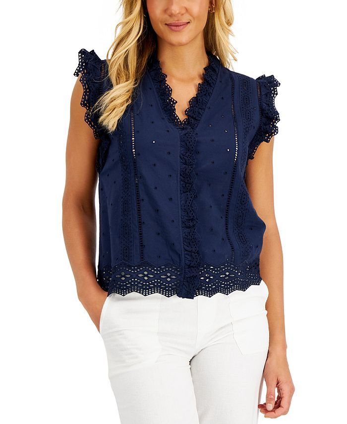 Charter Club Petite Cotton Ruffled Eyelet-Trim Top, Created for Macy's & Reviews - Tops - Petites... | Macys (US)