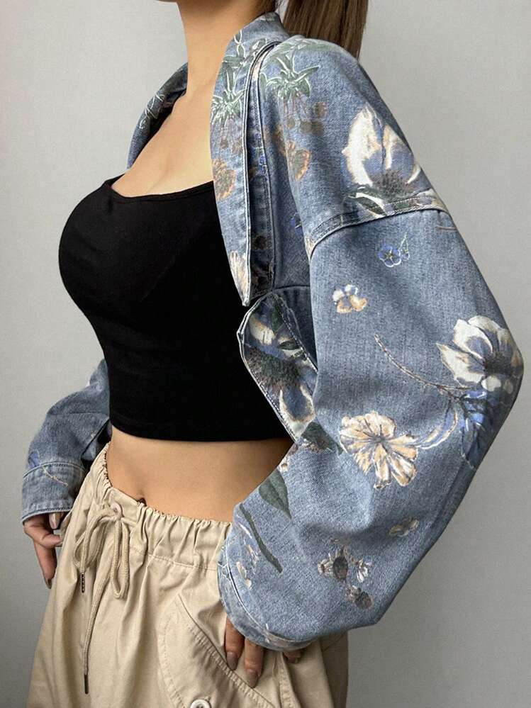 DAZY Women's Floral Printed Open-Front Denim Jacket Y2k | SHEIN